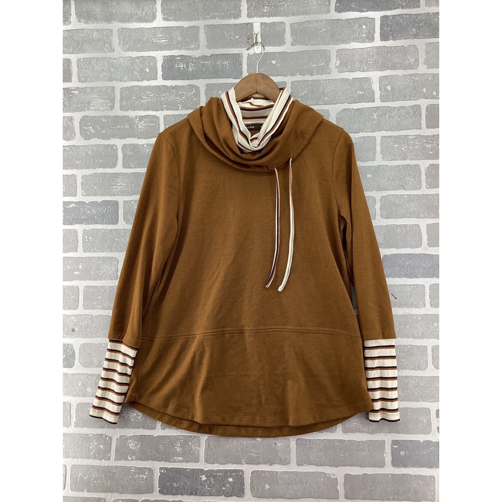 Doe & Rae Brown Cowl Neck Striped Cuff Layered Look Pullover Top Small